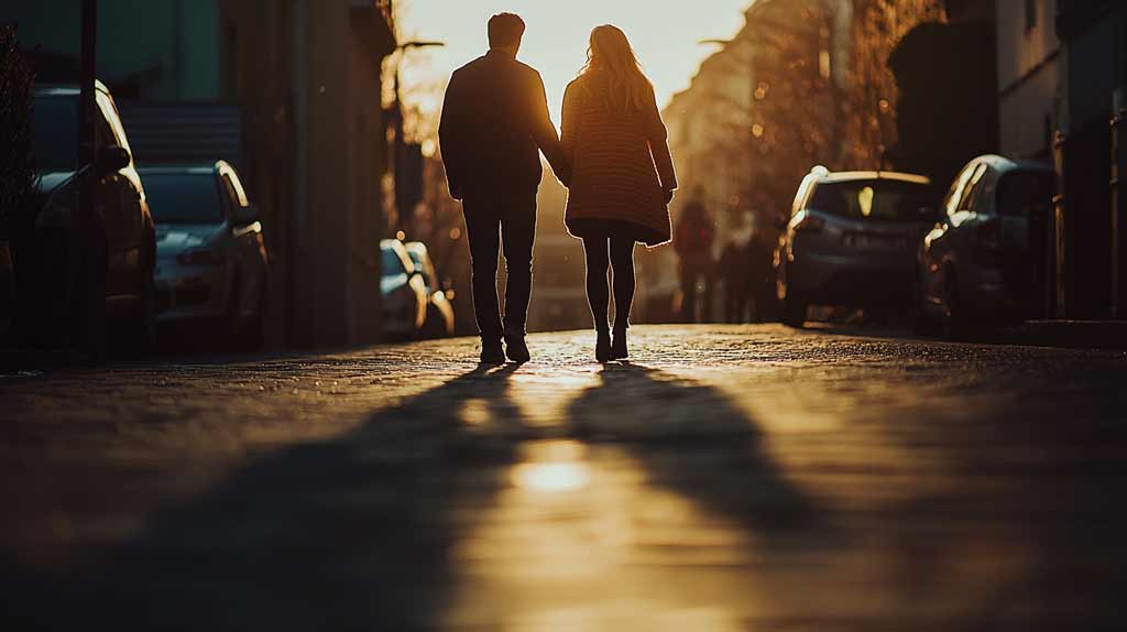 Close couple dating on the street carrying crossbody bucket bags