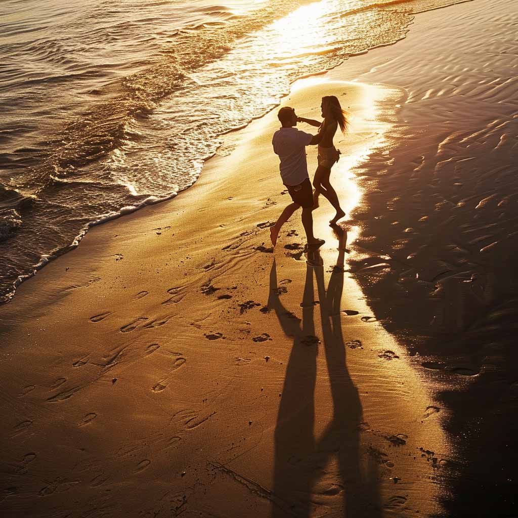 beach romantic sunset couple