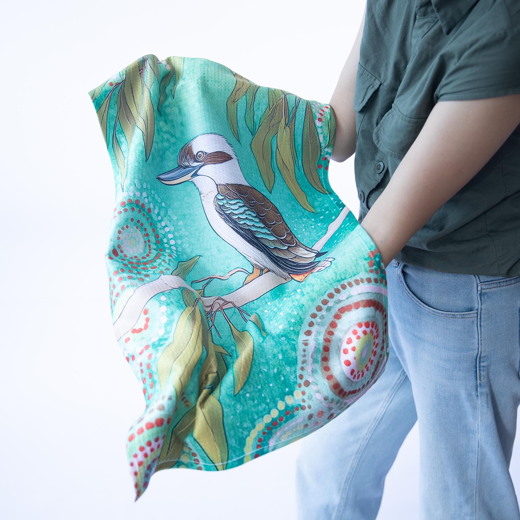 Teal Leafy Kookaburra Kitchen Towels