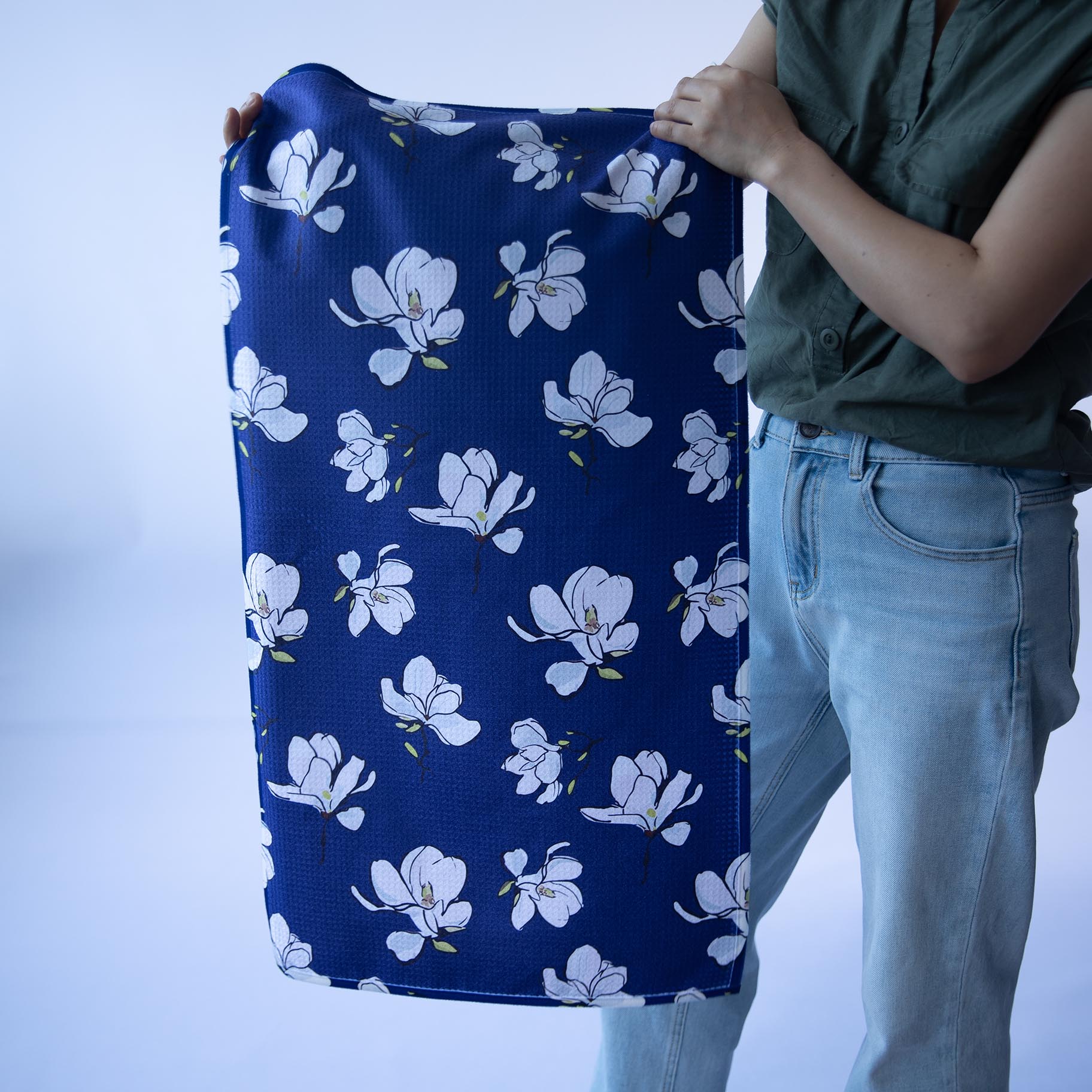 Dark Blue White Blossom Tea Towels