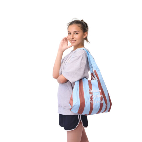 Sunset Coral Blue Stripes Grocery Bag