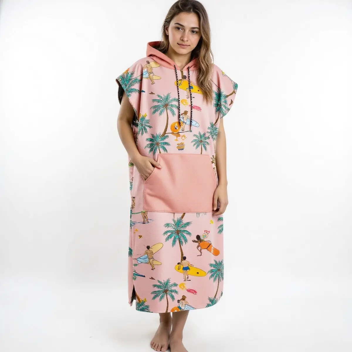 Pink Beachside Summer Surf Hooded Poncho Towel